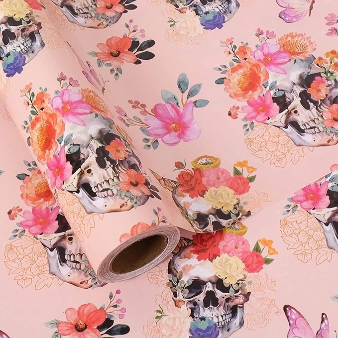Aimyoo Gothic Wrapping Paper Roll, 17 Inch X 33 Feet Skull Floral Butterfly by Aimyoo
