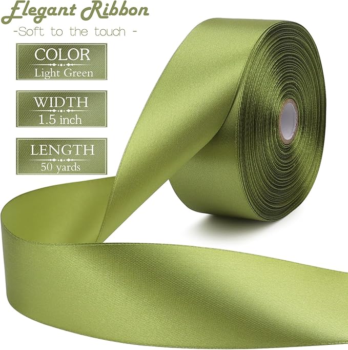 Light Green Solid Satin Ribbon 1-1/2 Inch 50 Yards Solid Polyester Fabric Ribbon - Image 2