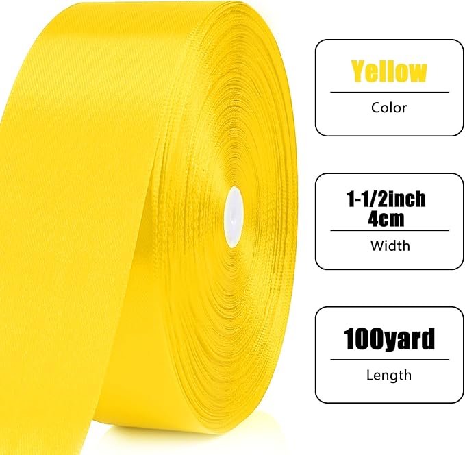 NESCCI 100 Yards Ribbon, 1-1/2 Inch Yellow Satin Ribbon, Single Face Satin - Image 2