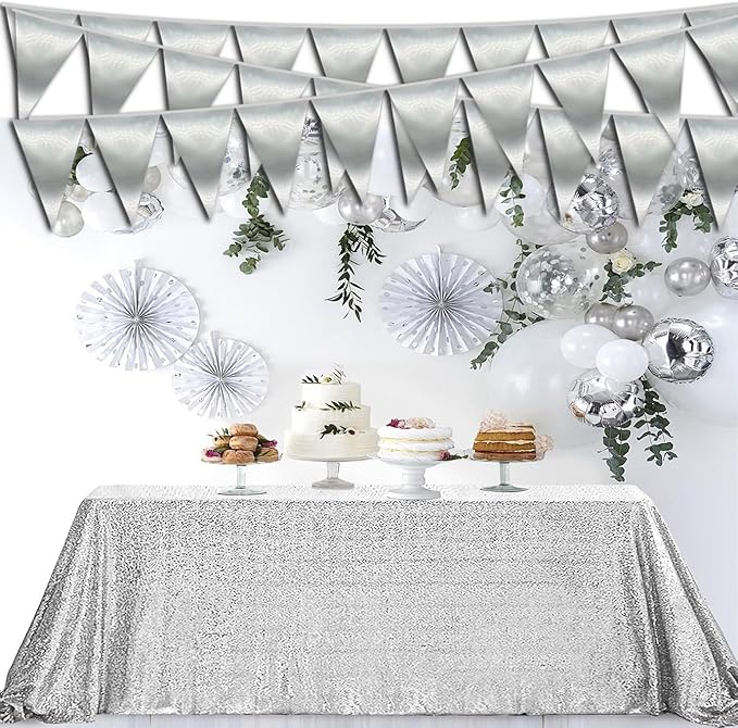 20M/65FT Silver Triangle Pennant Banner Flag Metallic Fabric Bunting Garland - Image 3