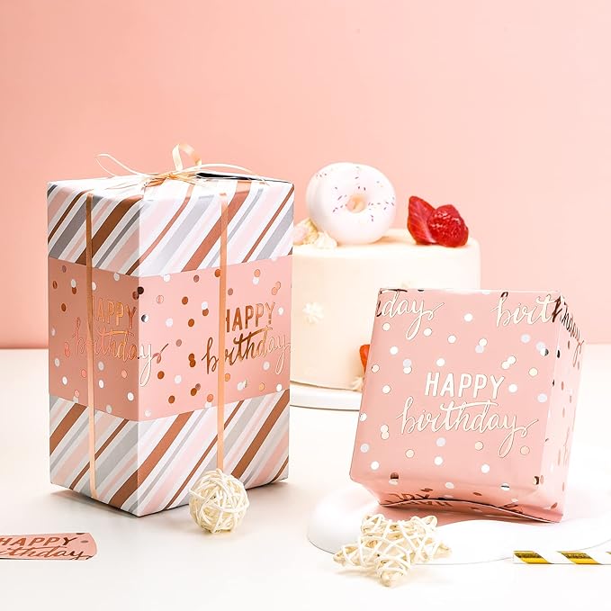 LeZakaa Reversible Pink Birthday Wrapping Paper Roll - Image 3