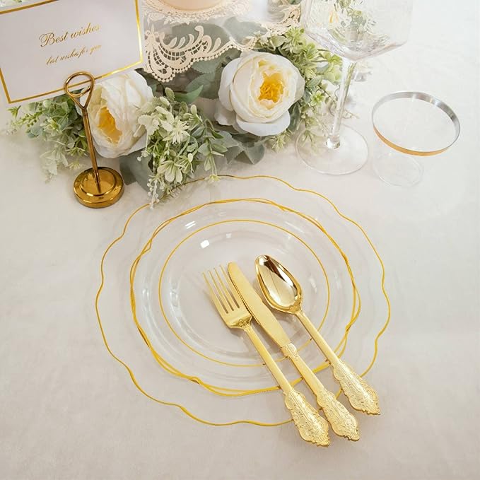 NOCCUR 50Guest Gold Rim Clear Plastic Plates&Disposable Silverware Cups-Include - Image 2