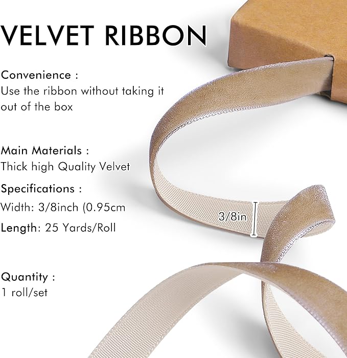 Khaki Velvet Ribbon 3/8'' 25 Yards - Image 2