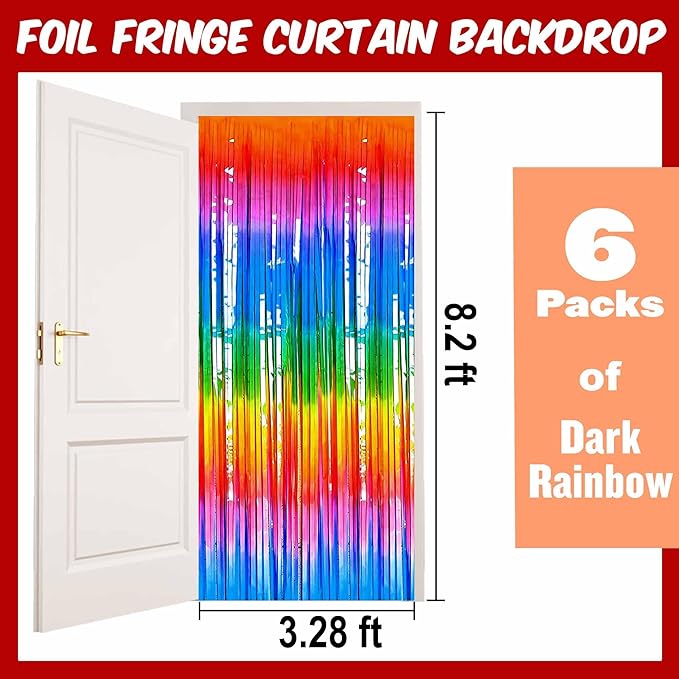 6 Pack Dark Rainbow Foil Fringe Curtains Backdrop, 3.28 x 8.2 Ft Metallic - Image 2