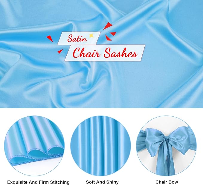 50 PCS Baby Blue Satin Chair Sashes Bows Universal Chair Ribbon Ties Back Sash - Image 3