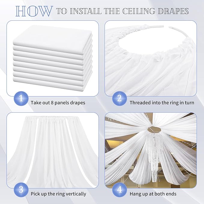 8 Panels White Ceiling Drapes for Wedding 5ftx20ft Chiffon Fabric Arch Draping - Image 4