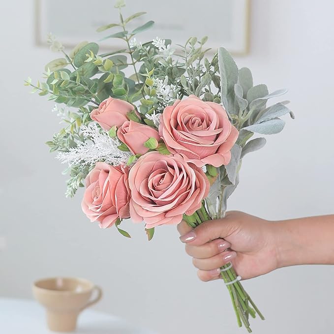 Faux Flowers with Vase, Artificial Silk Roses in Vase, Fake Plant Eucalyptus - Image 6