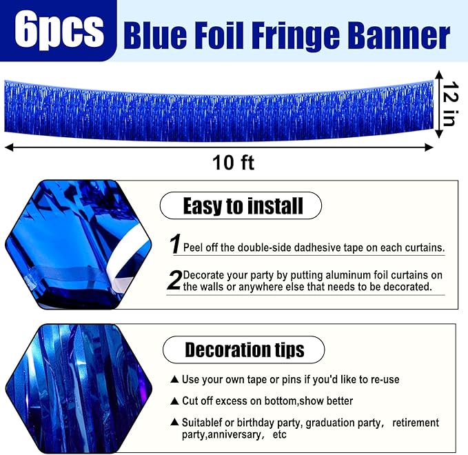 6 Pack 10 Feet Blue Foil Fringe Garland Metallic Tinsel Streamers Banner Wall - Image 2