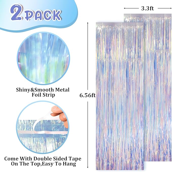 2 Pack Iridescent Foil Fringe Curtains, Holographic Tinsel Streamers Birthday - Image 2