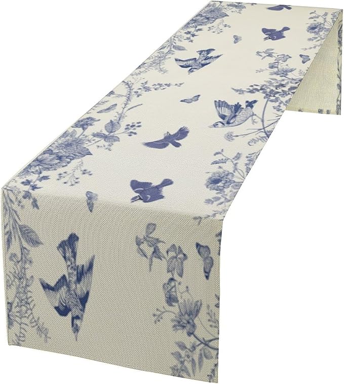 Monochrome Sketch Flowers Bird Table Runner, Seasonal Spring Fall Plants Blue by SHElifestyle
