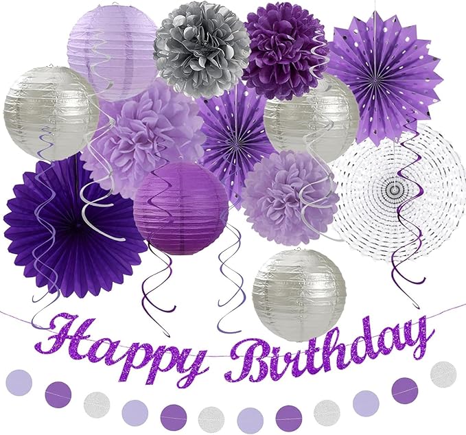 Purple and Silver Party Decorations-21PCS Happy Banner, Paper Lanterns Streamers by AzureCantara