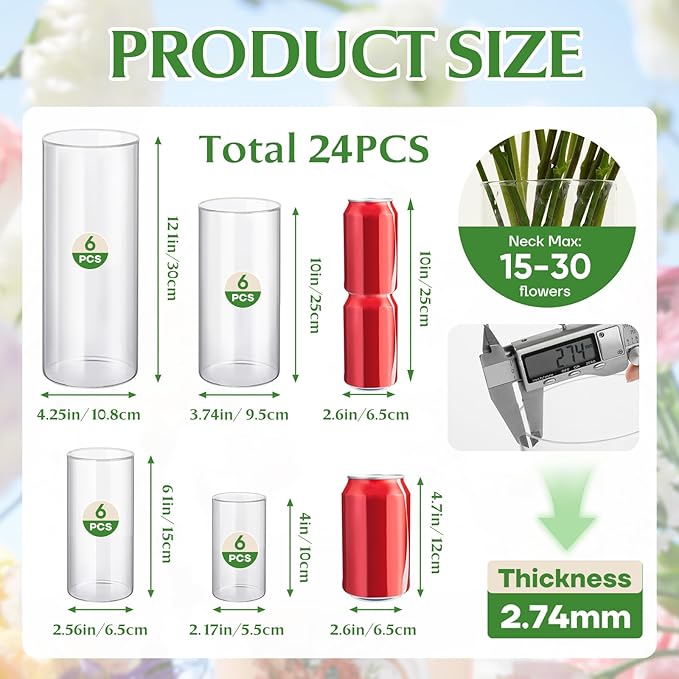 24pcs Clear Glass Cylinder Vases, 12 inch Tall Hurricane Floating Candle Holder - Image 2