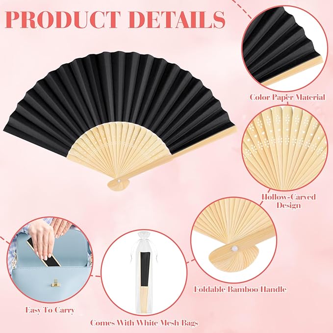 24 Pieces Black Hand Held Bamboo Folding Fans Paper Fans Handheld - Image 3
