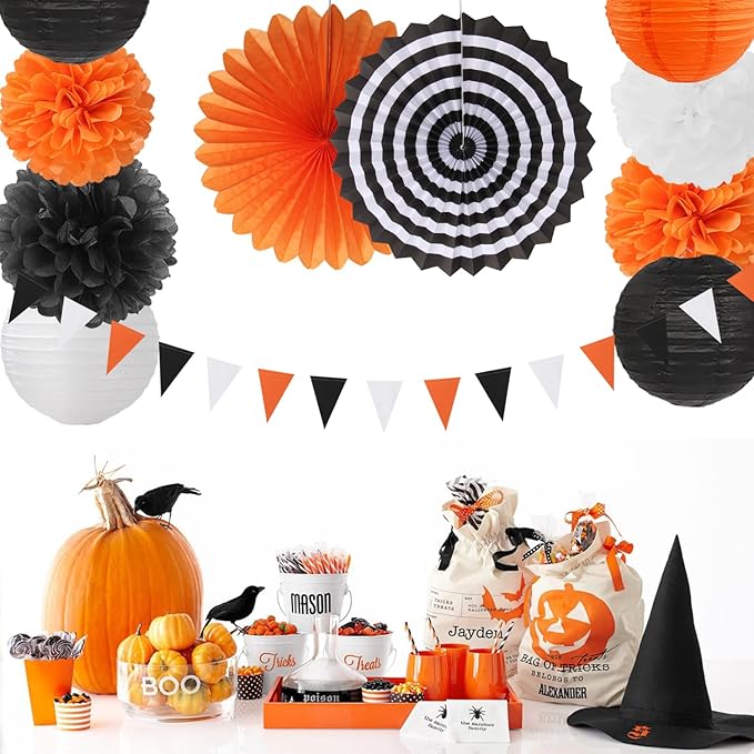 Orange-Black White Party-Decorations Paper-Flowers Lanterns - Image 4