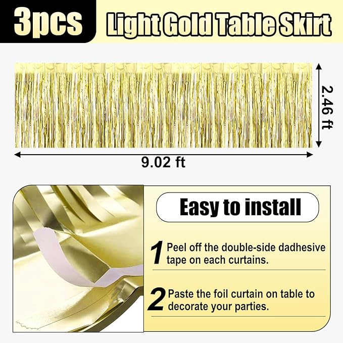 3 Pack 29x108 Inch Light Gold Foil Fringe Table Skirts Metallic Banner - Image 2