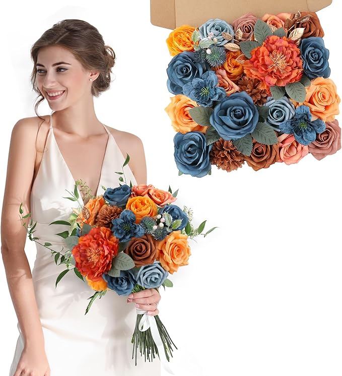 AmyHomie Teal Orange Artificial Flowers Combo Silk Mix Peony Rose Fake Flowers - Image 7