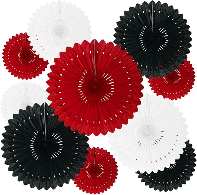 18 Pcs Black Red White Hanging Honeycomb Paper Fans, Round Paper Fan Decorations by Tisspoms