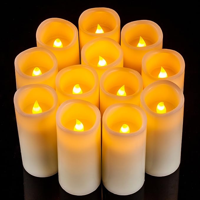 Flameless Candles Flickering LED Candles Set of 12 Ivory Real Wax Pillar - Image 4