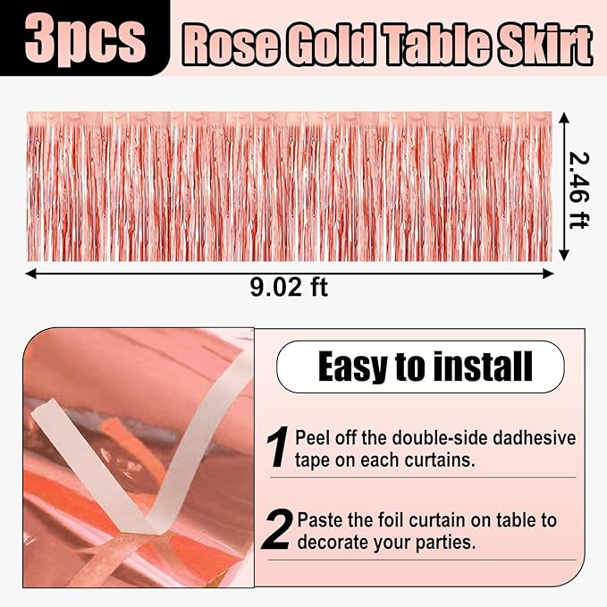 3 Pack 29x108 Inch Rose Gold Foil Fringe Table Skirts Metallic Banner - Image 2
