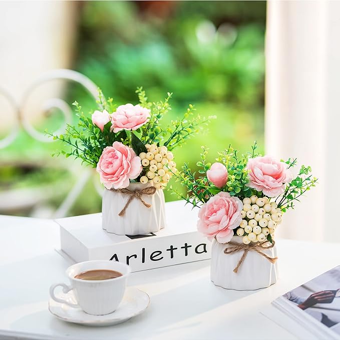 BLOSMON Table Decor Artificial Flowers Vase 7 Inch Small Fake Pink Flower - Image 2
