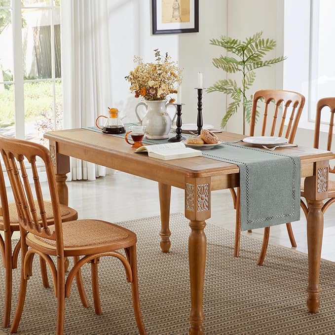 Burlap Style Farmhouse Table Runner, 13 x 48 Inch Grey, Rustic Geometric Hollow - Image 5