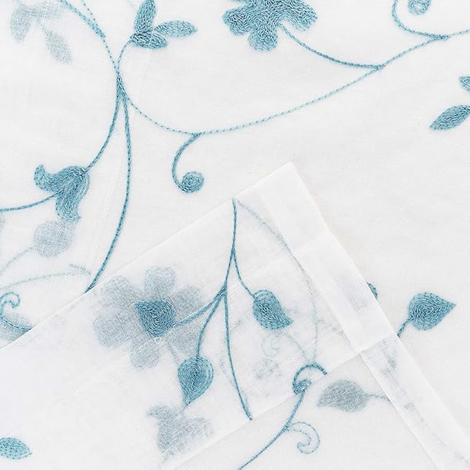 Floral Embroidery Sheer Curtains Blue 63 Inches, Rod Pocket Voile Drapes - Image 5