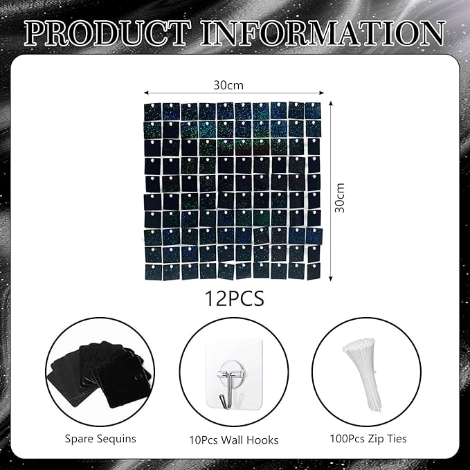 12PCS Black Shimmer Wall Backdrop, Laser Square Sequin Photo Backdrops Panel - Image 2