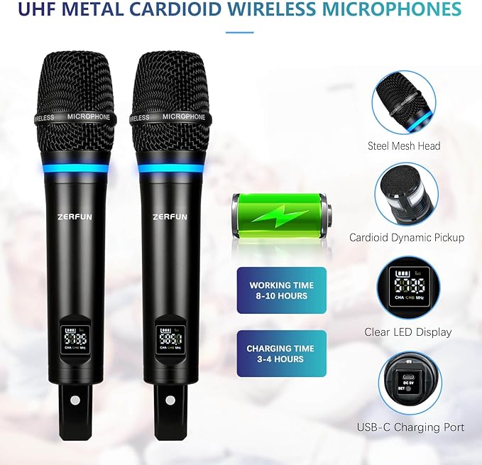 2 Channel Rechargeable Wireless Microphone System, Pro UHF Metal Handheld - Image 3