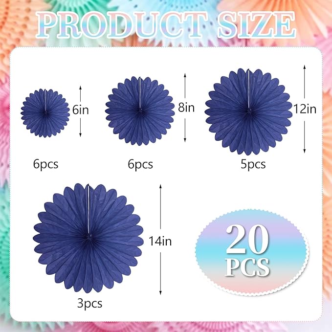 20 Pcs Blue Hanging Paper Fan, Round Paper Fans Decorations Set - Image 2