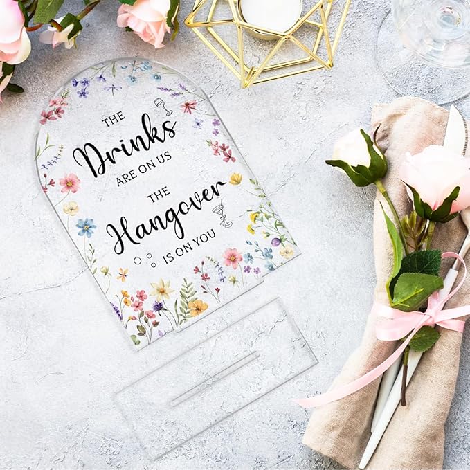 Wedding Sign Decor, The Drinks Are on Us Sign, 5x7 Inch Arch Acrylic. Wedding - Image 6