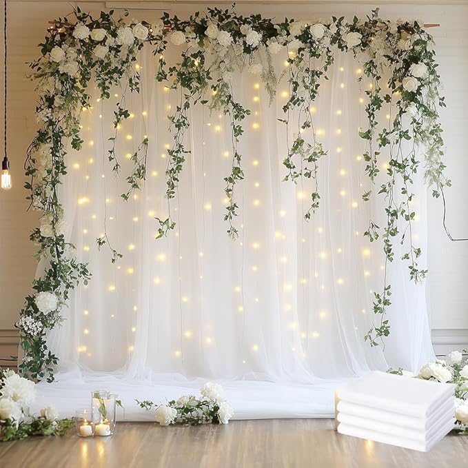Tulle Backdrop Curtain with Lights String 20 X 8FT White Sheer Tulle Backdrop by Xiomot