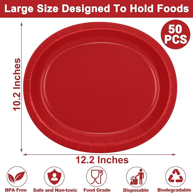 QZYL 50 Pcs Party Decorations, 12.2'' X 10.2'' Oval Large Paper Plates - Image 2
