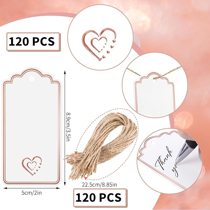 120 PCS Gift Tags with String Attached Foil Rose Gold Heart Paper Tags Writable - Image 2