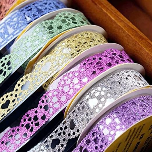 SallyFashion Washi Tape for Scrapbooking, 6 Roll Lace Pattern Glitter Tape in 6 by sallyfashion
