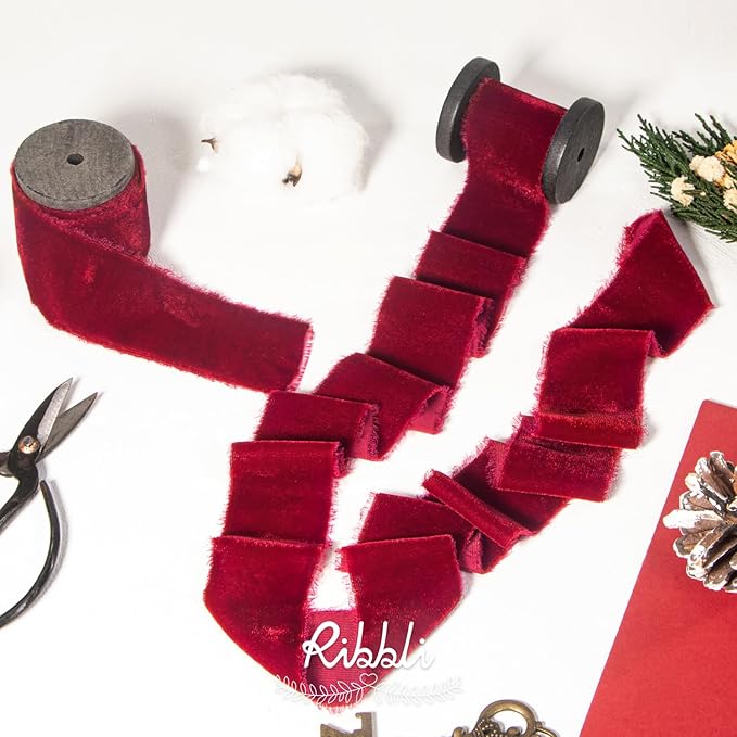 Ribbli Burgundy Velvet Ribbon 1.5 Inch Handmade Frayed Vintage Christmas Ribbon - Image 2