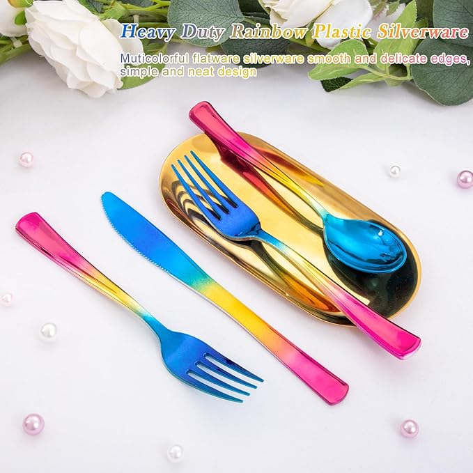 Supernal 120pcs Rainbow Plastic Silverware Set Colorful Party Utensils Blue - Image 6