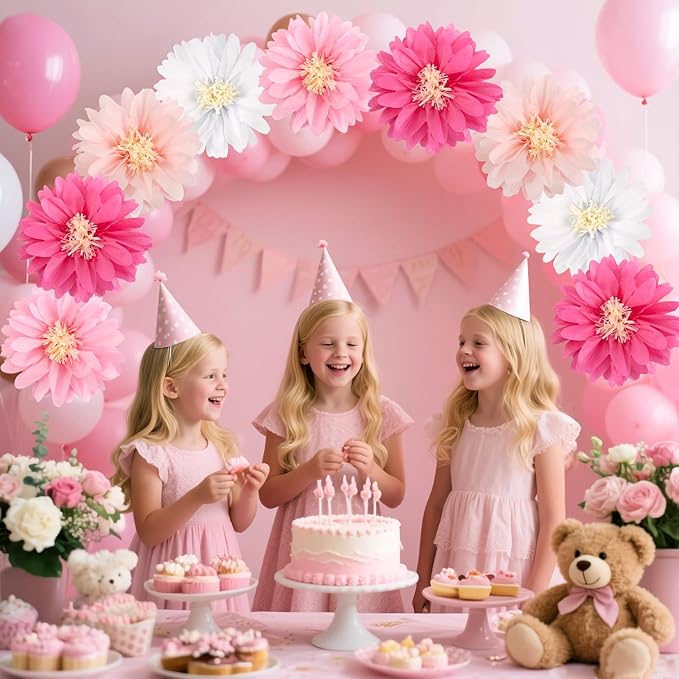 12 Pcs Pink Tissue Paper Flowers Daisy Tissue Paper Pom Poms Party Decorations - Image 6