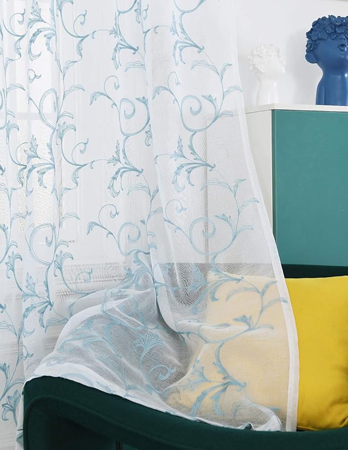 Embroidery Blue Sheer Curtains 84 Inches Long, Rod Pocket Sheer Drapes - Image 3
