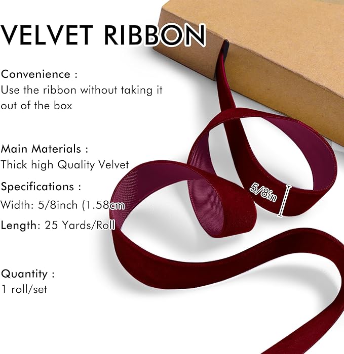 Burgundy Velvet Ribbon 5/8'' 25 Yards - Image 2