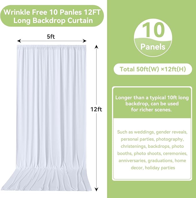 50ftx12ft Wrinkle Free White Backdrop Curtain, 10 Panels 12FT Height White - Image 5