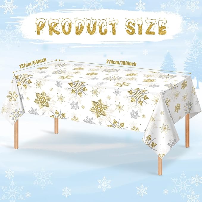 12Pcs Christmas Snowflake Party Tablecloths Decorations, Plastic White and Gold - Image 2