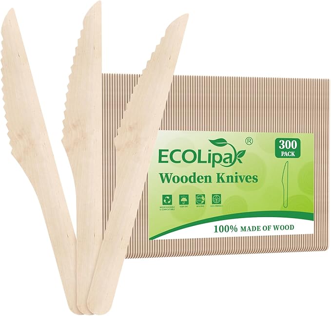 ECOLipak 300 Count Disposable Wooden Knives, Wooden Compostable Disposable by ECOLipak