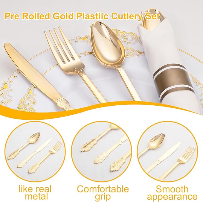 400PCS Pre Rolled Gold Plastic Silverware Sets - Image 4