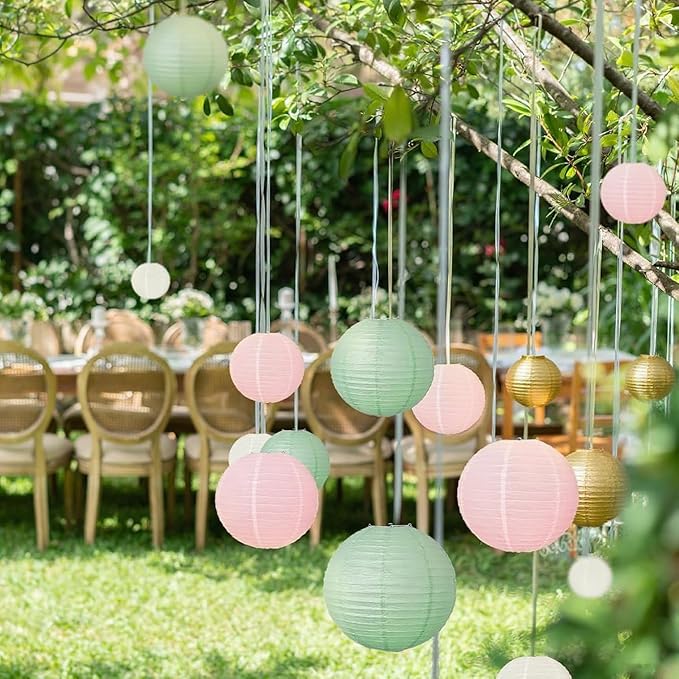 Sage Green Pink Paper Lanterns Decorative 12pcs Wedding Hanging Decorations - Image 5