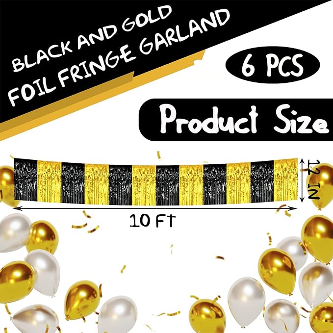 6 Pack 10 Feet Black Gold Foil Fringe Garland Metallic Tinsel Streamers Banner - Image 2