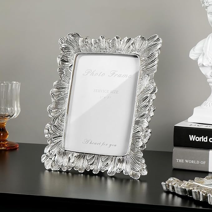 Silver 5x7 Picture Frame, Vintage Silver Palm Leaves Textured Hand-Crafted Resin - Image 3