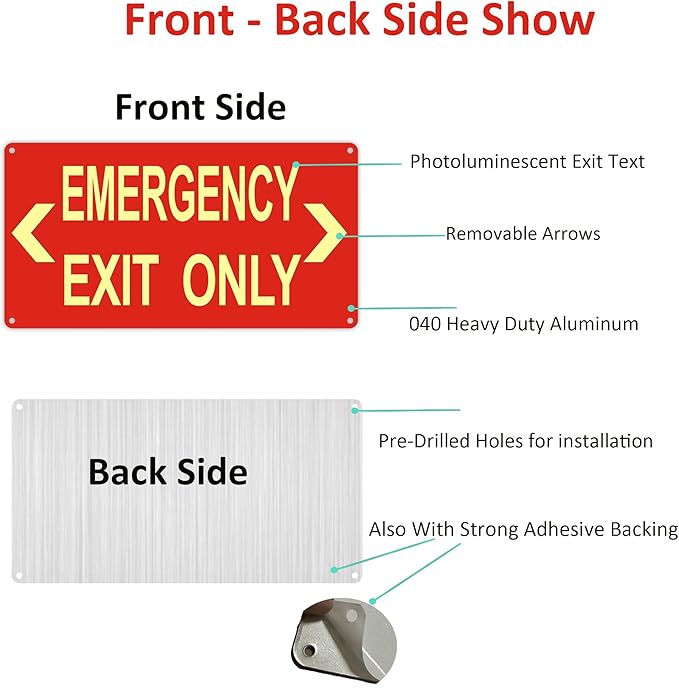 Photoluminescent Emergency Exit Sign Red, Glow In The Dark Aluminum Exit Sign - Image 7