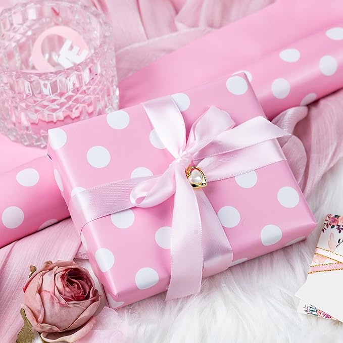 Burymento Pink and White Dots Wrapping Paper, Reversible Pink Gift Wrap - Image 5