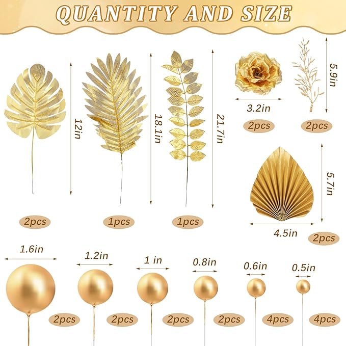 26 Pieces Happy Birthday Cake Topper Gold Cake Decorations Palm Leaves Balls - Image 2
