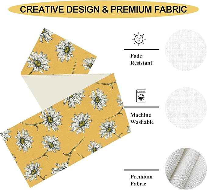 Farmhouse Floral Table Runner, Spring Seasonal Daisy Flower Retro Wooden - Image 4